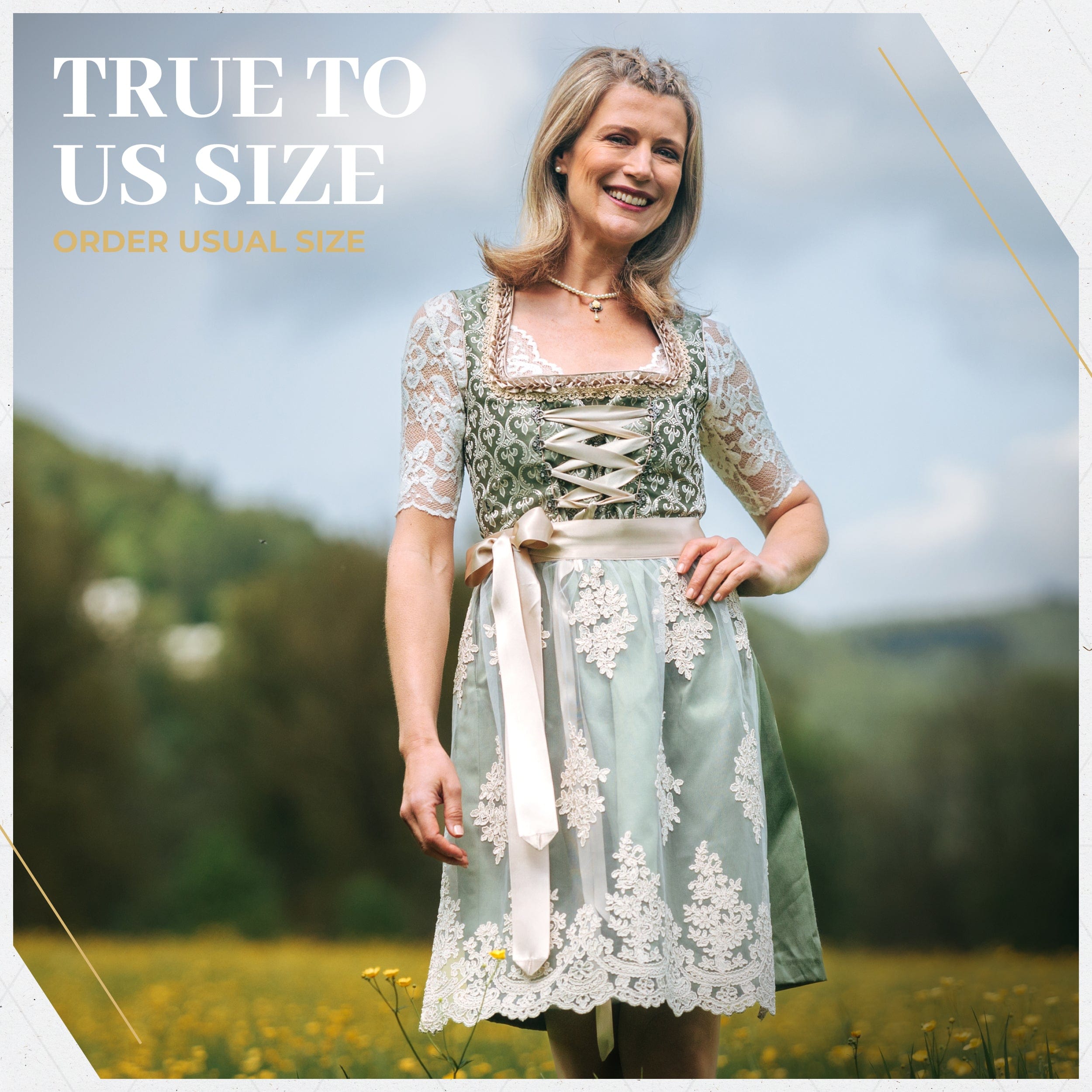 Women's German Dirndl Dress Green Gold