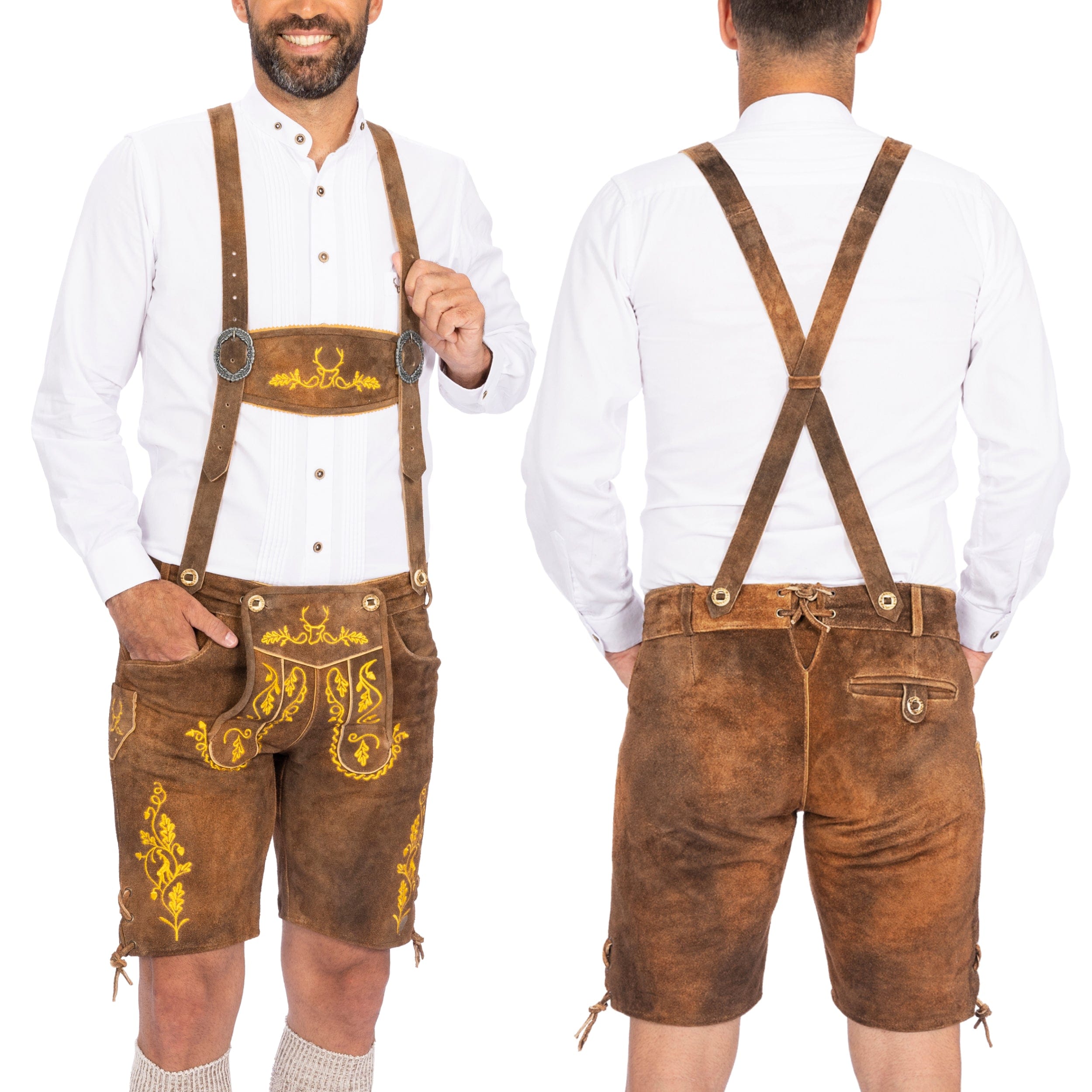 Lederhosen Men Short Olive Yellow